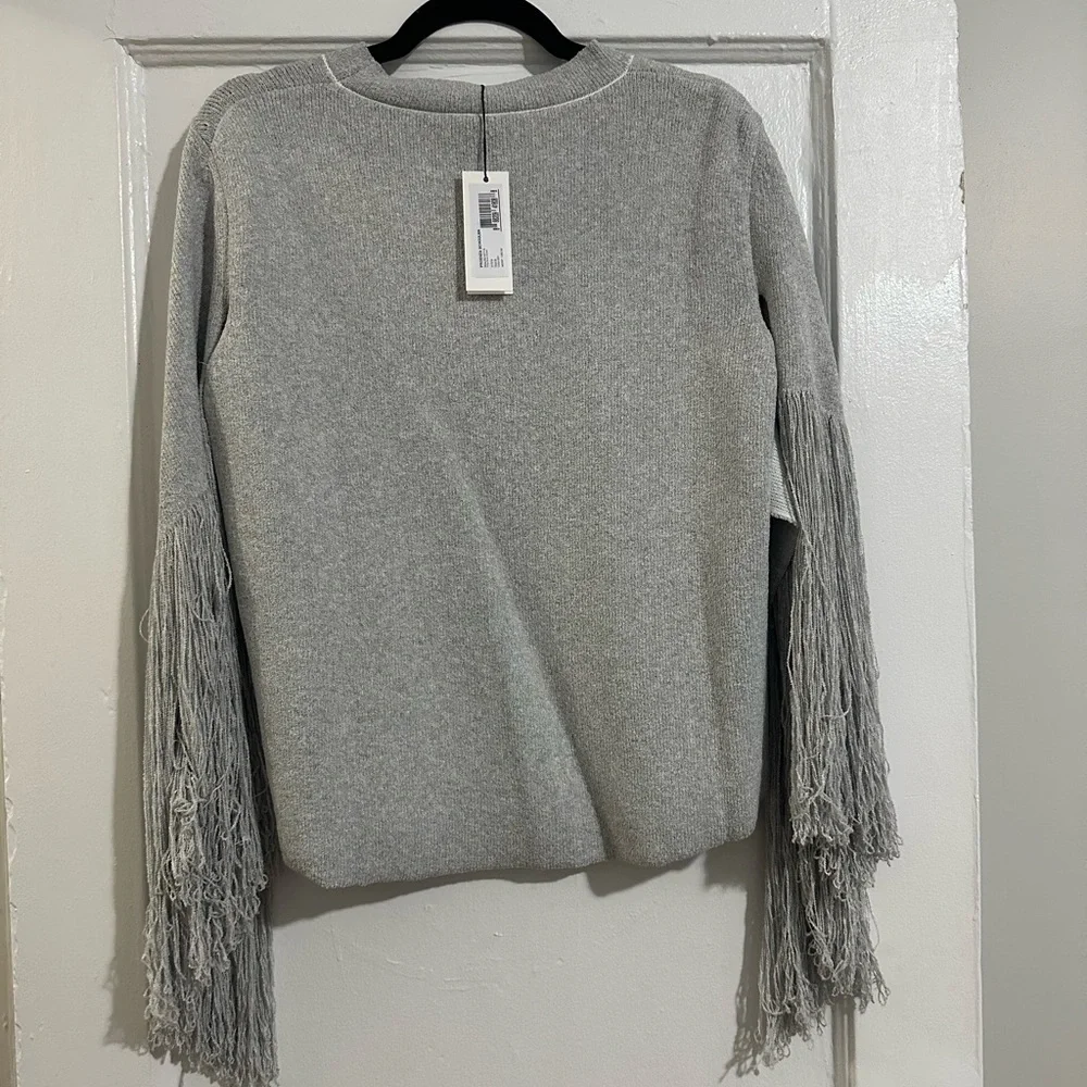 Proenza Schouler Light Gray Fringe Sleeve Knit Sweater
